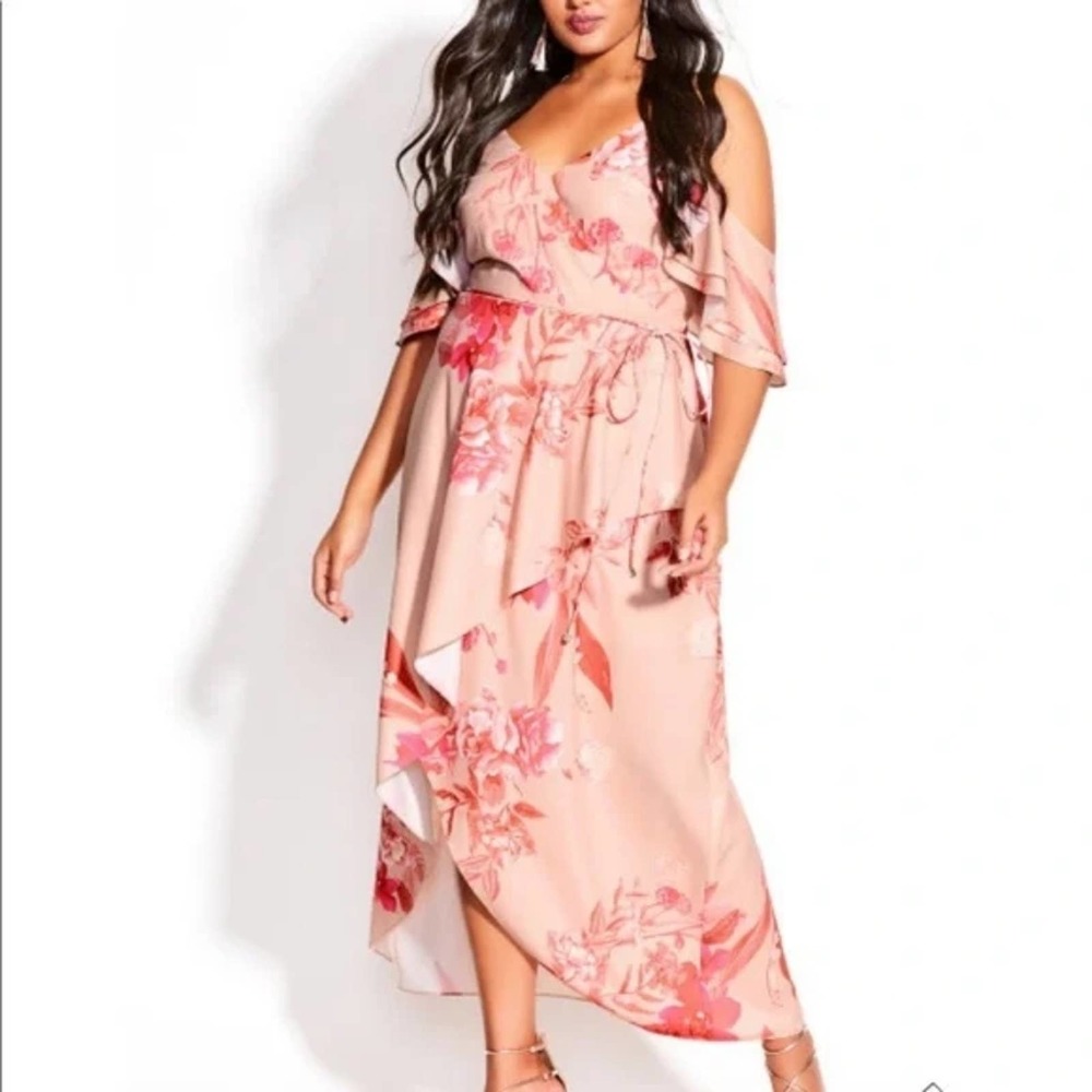 CITY Chic Elegant Ruffle Maxi Dress Cold Shoulder Floral Hi-Low Size L / 20 new!